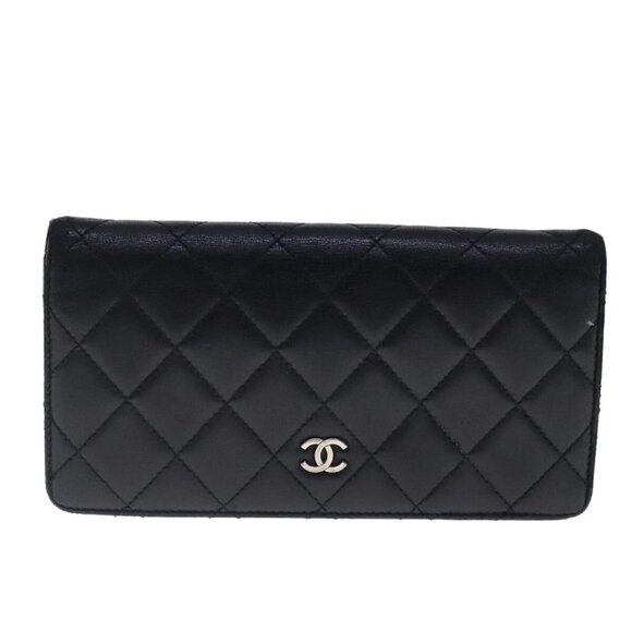CHANEL Matelasse Long Wallet Lamb Skin Black Silver CC Auth - Picture 1 of 15
